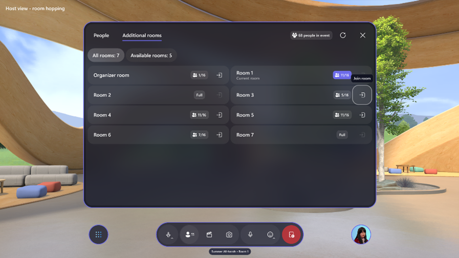 The Microsoft Mesh VR experience, showing a window that displays different rooms that the host can move to.