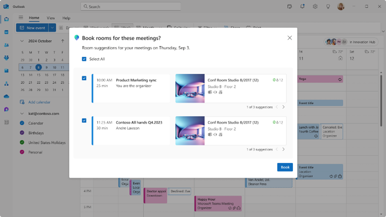A menu presenting two different meeting rooms that are available for the meeting you are currently scheduling.