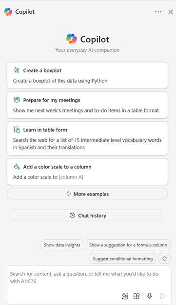 Copilot in Excel chat pane with suggested prompts