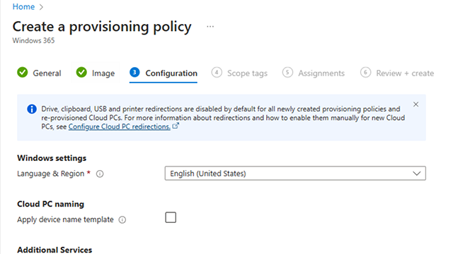 Screenshot - On the "Create a provisioning policy" page in the Microsoft Intune admin center, a dismissible banner provides notifications about the new redirection defaults.