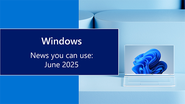 Blog title on blue background with graphic of laptop showing the Windows bloom.