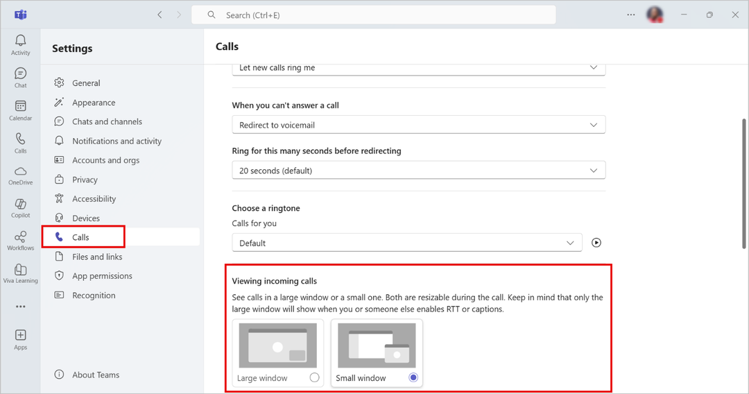 the Calls settings window, showing how to see calls in either a small or large window.